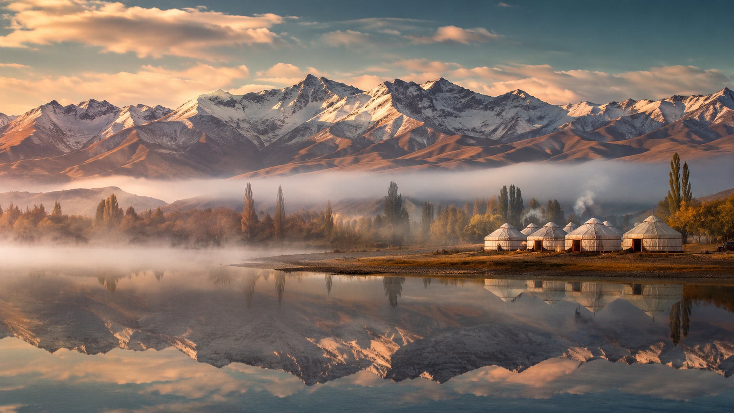 Yurt camp at dawn by a mountain lake in Kyrgyzstan, Tian Shan peaks reflected in still water