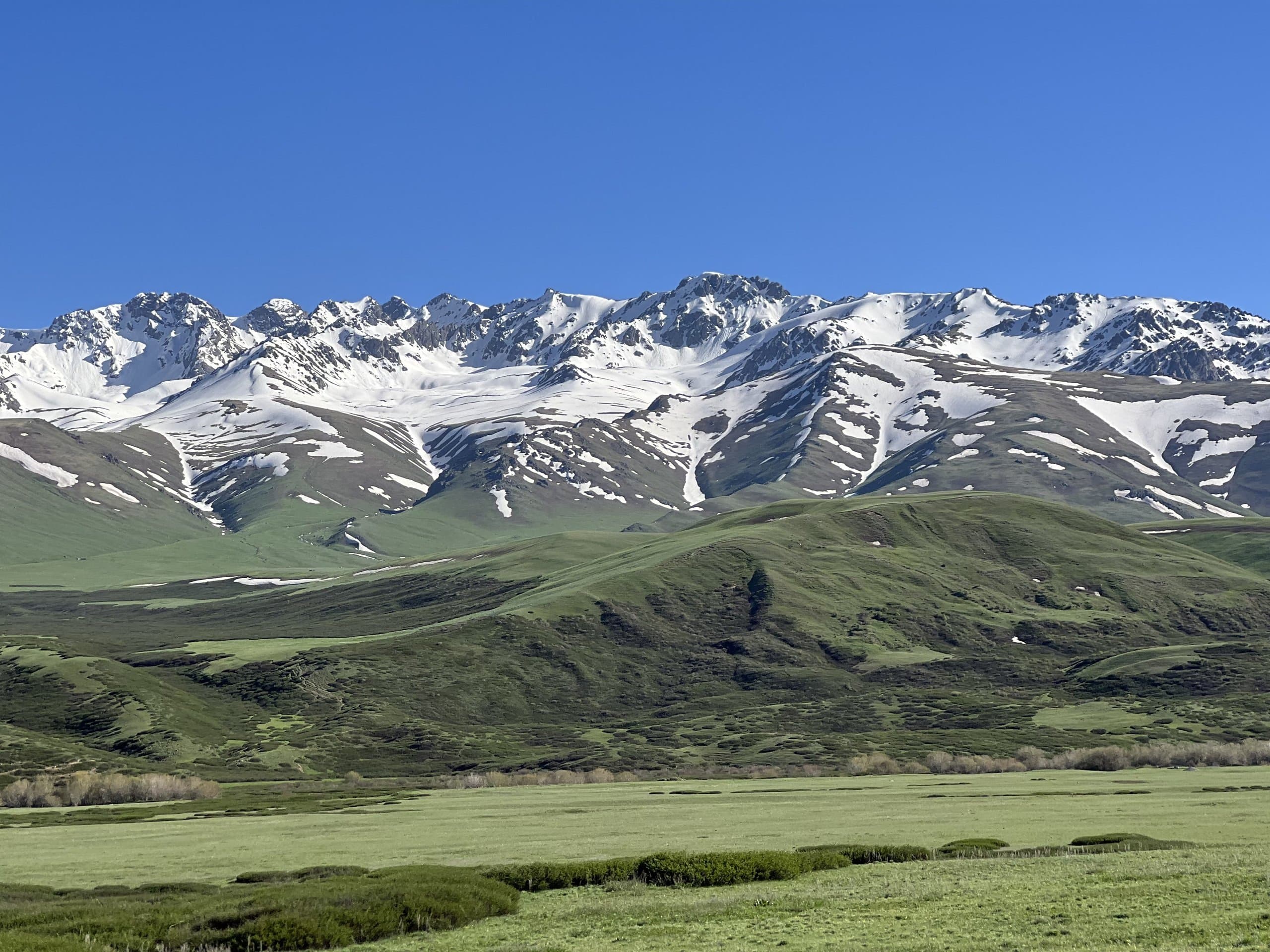 Snow-covered mountain range rising above a wide green valley in Kyrgyzstan